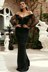 Vestido de noche de fiesta de manga larga con corte sirena negro